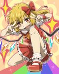  blonde_hair bow fang flandre_scarlet hair_bow kneeling looking_at_viewer mary_janes nitoni no_hat no_headwear open_mouth red_eyes red_skirt shoes side_ponytail skirt solo touhou wings 