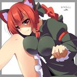  2014 animal_ears bow braid breasts cat_ears cat_tail dated dress fang grin hair_bow highres kaenbyou_rin large_breasts long_hair looking_at_viewer miton_(turuyasann) red_eyes red_hair smile solo tail touhou twin_braids 