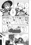  2girls book cape comic dress fedora gap glasses greyscale hat highres long_hair long_sleeves low_twintails maribel_hearn mashuu_masaki mob_cap monochrome multiple_girls school_uniform short_hair short_twintails skirt touhou translation_request twintails usami_sumireko vest 