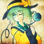  blue_eyes bright_pupils fingers_together green_hair hat hat_ribbon komeiji_koishi long_sleeves looking_at_viewer one_eye_closed ribbon smile solo third_eye touhou upper_body white_pupils xkaishaku 