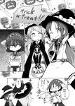  :d ;d comic detached_sleeves elbow_gloves gloves greyscale hairband halloween hat hiei_(kantai_collection) highres kantai_collection long_hair low_twintails maiku monochrome multiple_girls nontraditional_miko one_eye_closed open_mouth samidare_(kantai_collection) school_uniform serafuku short_hair smile suzukaze_(kantai_collection) translated twintails witch_hat 