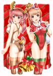 adapted_costume antlers ass bell brown_eyes brown_hair christmas competition_swimsuit hairband hat highres long_hair mashinatsu mini_hat mini_santa_hat multiple_girls one-piece_swimsuit open_mouth original ponytail red_hair reindeer_antlers reindeer_tail ribbon santa_hat shawl swimsuit tail thighhighs tilted_headwear twintails 