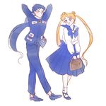  arms_behind_head bag bishoujo_senshi_sailor_moon blue_bow blue_sailor_collar blue_skirt bow full_body gakuran hoshiai_tora juuban_high_school_uniform long_hair looking_at_another multiple_girls sailor_collar school_bag school_uniform seiya_kou skirt tsukino_usagi twintails white_background 