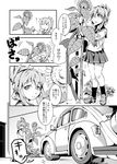  1girl autobot bumblebee car comic crossover flower folded_ponytail greyscale ground_vehicle hair_ornament hairclip inazuma_(kantai_collection) kamizono_(spookyhouse) kantai_collection monochrome motor_vehicle neckerchief open_mouth pleated_skirt school_uniform serafuku short_hair skirt sunflower transformers translated uniform volkswagen volkswagen_type_1 