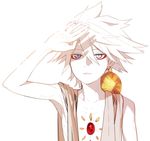  blue_eyes earrings eyeliner fate/apocrypha fate_(series) gem jewelry karna_(fate) makeup male_focus pale_skin shading_eyes sindri single_earring solo white_hair younger 