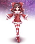  :3 \||/ adapted_costume ankle_boots bad_id bad_pixiv_id bare_shoulders boots bow brown_eyes brown_hair christmas collarbone detached_sleeves dress full_body fur_boots fur_trim hair_bow hair_tubes hakurei_reimu large_bow light_smile long_hair looking_at_viewer pan_(spesy51) red_dress red_footwear santa_boots santa_costume snow_boots solo striped striped_legwear touhou wide_sleeves 