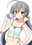  :q ahoge alternate_costume black_eyes black_hair blush collarbone hand_on_hip highres kantai_collection kiyoshimo_(kantai_collection) long_hair looking_at_viewer low_twintails milk_carton navel oota_yuuichi solo tank_top tongue tongue_out twintails upper_body very_long_hair 
