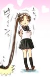  absurdly_long_hair admiral_(kantai_collection) ayanami_(kantai_collection) bow brown_hair engiyoshi hair_bow hair_ribbon kantai_collection long_hair open_mouth pleated_skirt ribbon school_uniform serafuku side_ponytail skirt solo_focus translation_request very_long_hair 