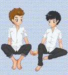  barefoot black_eyes black_hair blush brown_hair chibi_maruko-chan child erection feet highres male male_focus multiple_boys mybabyboy oono_kenichi pants shirt short_hair simple_background sitting sugiyama_satoshi toes yaoi 