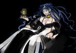  bare_shoulders bishoujo_senshi_sailor_moon black black_background blue_hair choker crystal floating floating_object kyykttk lipstick makeup nehelenia_(sailor_moon) pointy_ears red_lipstick sitting smile smirk solo 