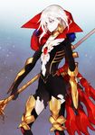  armor dress eyeliner fate/extra fate/extra_ccc fate_(series) fur_trim gem karna_(fate) makeup male_focus pale_skin polearm sindri solo spear thighhighs weapon white_hair 
