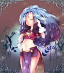  bell blue_hair blurry bokeh breasts capelet closed_eyes cowboy_shot depth_of_field gloves hand_on_hip light_smile loincloth long_hair medium_breasts midriff navel no_hat no_headwear other_life:_azure_dreams sawamura_aoi selfi_rode solo standing white_gloves 