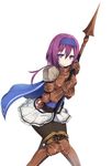  armor armored_boots belt boots brown_footwear cape cross-laced_footwear dungeons_&amp;_princess hairband lace-up_boots pantyhose polearm pouch purple_eyes purple_hair skirt solo spear thigh_boots thighhighs torimaru weapon 