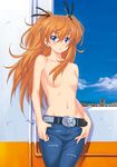  :o belt blue_eyes blush breasts brown_hair chestnut_mouth collarbone denim houjou_hibiki jeans kazuma_muramasa long_hair navel nipples pants precure ripped_jeans small_breasts solo stomach suite_precure topless two_side_up window 