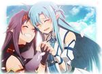  asuna_(sao) asuna_(sao-alo) breastplate fingerless_gloves gloves hairband long_hair multiple_girls pointy_ears purple_hair sword_art_online tears tukno yuuki_(sao) 