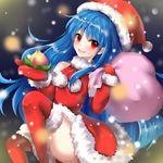  alternate_costume bare_shoulders blue_hair blurry bokeh boots christmas coconut_(yezijiang18) depth_of_field detached_sleeves dress food fruit gloves hat hinanawi_tenshi long_hair looking_at_viewer mittens open_mouth peach reaching red_dress red_eyes red_gloves red_legwear santa_boots santa_costume santa_gloves santa_hat snowing solo thighhighs touhou 
