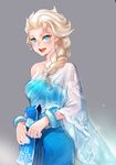  :d adapted_costume blonde_hair blue_eyes blush bracelet braid commentary cowboy_shot earrings elsa_(frozen) english_commentary frozen_(disney) grey_background hair_over_shoulder highres jewelry long_hair open_mouth patipat_asavasena sabai signature single_braid smile solo thai_clothes 