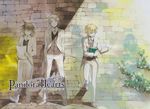  absurdres blonde_hair blue_eyes book bow bowtie brown_hair copyright_name elliot_nightray formal glasses grey_hair highres leo_(pandora_hearts) male_focus mochizuki_jun multiple_boys official_art oz_vessalius pandora_hearts short_hair smile suit vest wall 