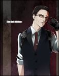  adjusting_eyewear astronotus black_hair blood blood_on_face glasses joseph_oda male_focus red_eyes solo the_evil_within vest waistcoat 
