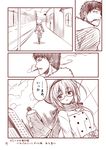  1girl admiral_(kantai_collection) alternate_costume cigarette coat comic fur_trim grimace hat i-8_(kantai_collection) kantai_collection long_hair monochrome ribbon sketch smile smoke smoking translated twintails yua_(checkmate) 