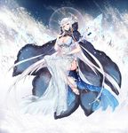  breasts cleavage cloak crown crystal dress female ice jewelry large_breasts lipstick long_hair makeup mirunai nail_polish queen sandals scepter snow staff thighs white white_hair winter yellow_eyes 