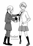  1girl adjusting_clothes adjusting_necktie aldnoah.zero artist_name blush boots cardigan character_name commentary_request cosplay costume_switch dated dressing_another full_body greyscale highres kneehighs loafers long_sleeves looking_away low_twintails military military_uniform miniskirt monochrome necktie nina_klein nina_klein_(cosplay) official_art pleated_skirt profile school_uniform shimura_takako shoes simple_background skirt slaine_troyard slaine_troyard_(cosplay) sleeves_rolled_up twintails uniform white_background 