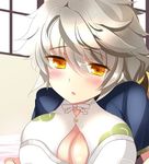  blush braid breast_rest breasts cleavage_cutout close-up cloud_print ichiyou_moka indoors jitome kantai_collection large_breasts leaning_forward looking_at_viewer lowres open_mouth silver_hair single_braid solo unryuu_(kantai_collection) wavy_hair window yellow_eyes 
