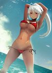  antenna_hair areolae armpits arms_up bikini breasts brown_eyes cloud covered_nipples cowboy_shot dark_elf dark_skin day elf front-tie_top hareno_chiame horizon large_breasts long_hair navel ocean pointy_ears ponytail red_bikini sansei_muramasa side-tie_bikini skindentation sky smile solo soukou_akki_muramasa swimsuit underboob white_hair 