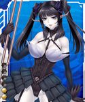  bangs bare_shoulders black_gloves black_hair blue_background blue_eyes bow breasts cameltoe card_(medium) checkered checkered_background cleavage corset cross-laced_clothes demon_girl detached_sleeves female garter_straps gloves hair_bow halterneck holding horns lace lace-trimmed_thighhighs large_breasts leotard light_smile lilith-soft lipstick long_hair looking_at_viewer makeup o-ring_top official_art pale_skin shirt shitoria showgirl_skirt skirt smile taimanin_asagi taimanin_asagi_battle_arena thighhighs two_side_up weapon white_skin zol 