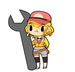  1girl chaobu chibi cidney cidney_aurum curly_hair final_fantasy final_fantasy_xv goggles hat midriff navel short_hair simple_background solo thighhighs white_background wrench 