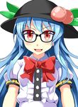  :d absurdres bespectacled black-framed_eyewear blue_hair blush bow bowtie breasts dress e.o. food food_on_head fruit fruit_on_head glasses hat highres hinanawi_tenshi long_hair looking_at_viewer medium_breasts object_on_head open_mouth peach red_eyes smile smug solo touhou upper_body v-shaped_eyebrows very_long_hair 