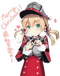  blonde_hair christmas fur_trim green_eyes hair_ornament hand_gesture hat heart highres hijack kantai_collection looking_at_viewer merry_christmas military military_hat military_uniform peaked_cap prinz_eugen_(kantai_collection) simple_background smile solo twintails uniform upper_body white_background 
