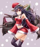  :o ass bare_shoulders black_hair black_legwear blush breasts choker christmas detached_sleeves from_side fur_trim haruna_(kantai_collection) hat headgear kantai_collection long_hair looking_at_viewer machinery medium_breasts red_eyes santa_costume santa_hat sleeves_past_wrists snow solo sumapan thighhighs 