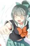 bangs blurry bow bowtie clenched_hands closed_eyes commentary_request depth_of_field engiyoshi green_skirt grey_hair hair_bow hair_ornament hair_ribbon kantai_collection open_mouth pleated_skirt ponytail punching revision ribbon school_uniform serafuku skirt solo yuubari_(kantai_collection) 