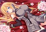  bismarck_(kantai_collection) black_panties blonde_hair blue_eyes blush breasts elbow_gloves flower gloves kantai_collection large_breasts long_hair lying military military_uniform murasakigo on_back open_mouth panties pink_flower pink_rose rose shiny shiny_clothes solo underwear uniform 
