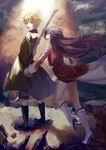  1girl alice_(pandora_hearts) blonde_hair boots bow braid brown_hair coat gloves green_eyes holding_hands liyou-ryon long_hair looking_back necktie oz_vessalius pandora_hearts purple_eyes ribbon short_hair smile very_long_hair white_footwear 