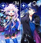  1girl :d artist_name black_hair blue_eyes blue_legwear blue_sleeves bow chain character_name ciel_(elsword) claws crown demon_power_(elsword) detached_sleeves elsword facial_mark forehead_mark jacket long_hair luciela_r._sourcream mini_crown myoya open_mouth pointy_ears ribbon shirt skirt smile thighhighs white_hair zettai_ryouiki 