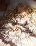  2014 artist_name bed bed_sheet blonde_hair blue_eyes dress jane_mere lace long_hair looking_at_viewer lying neck_ribbon on_back on_bed original pillow ribbon signature solo 