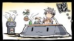  4girls :3 :d =d admiral_(kantai_collection) aircraft airplane brown_hair cha_(kantai_collection) chibi cup fairy_(kantai_collection) green_eyes hiyoko_(kantai_collection) ishiki_(okota) kantai_collection kotatsu midori_(kantai_collection) multiple_girls open_mouth rashinban_musume rensouhou-chan saiun_(kantai_collection) size_difference smile table teapot translation_request yukikaze_(kantai_collection) yunomi |_| 