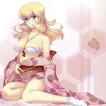  areola_slip areolae between_breasts bikini bikini_under_clothes blonde_hair blue_eyes blush breasts cleavage dog_tags highres japanese_clothes kimono large_breasts long_hair looking_at_viewer miyata_sou muvluv muvluv_alternative muvluv_total_eclipse obi off_shoulder sash scan sharon_heim sitting solo strap_slip string_bikini swimsuit swimsuit_under_clothes tabi white_bikini yokozuwari 