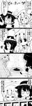  &gt;_&lt; 4koma =_= ? absurdres arms_up bamboo_shoot braid burnt closed_eyes comic commentary frying_pan futa_(nabezoko) greyscale hat highres jitome long_hair maribel_hearn mob_cap monochrome multiple_girls necktie o_o short_hair single_braid smoke touhou translated usami_renko 