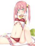  arm_support arms_behind_back breasts dancer_(sekaiju) green_eyes hair_ornament long_hair looking_at_viewer navel open_mouth pink_hair sekaiju_no_meikyuu sekaiju_no_meikyuu_4 simple_background sitting small_breasts solo syobonne twintails white_background 