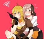  ahoge bike_shorts black_gloves blonde_hair blush breasts brown_eyes brown_hair cleavage fingerless_gloves gloves grin hand_on_own_face heart heterochromia highres jacket knife large_breasts long_hair multicolored_hair multiple_girls neo_(rwby) open_mouth pink_background pink_eyes pink_hair puffy_short_sleeves puffy_sleeves purple_eyes rwby scarf short_sleeves simple_background smile sorimachi-doufu sweatdrop two-tone_hair yang_xiao_long 