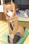 animal_ears black_legwear brown_hair cat_ears coat cushion hat looking_at_viewer mittens open_mouth original pantyhose pleated_skirt seiza short_hair sitting skirt solo v_arms winter_clothes winter_coat wooden_floor yellow_eyes yuuhagi_(amaretto-no-natsu) 