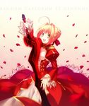  absurdres aestus_estus ahoge bad_id bad_pixiv_id blonde_hair breasts dress epaulettes fate/extra fate_(series) fuyuki_(neigedhiver) green_eyes highres medium_breasts nero_claudius_(fate) nero_claudius_(fate)_(all) red_dress solo sword weapon 