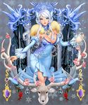  absurdres antlers bad_id bad_pixiv_id braid breasts cleavage collar crystal deer detached_sleeves earrings flower hair_ornament highres ice jewelry large_breasts rokiru shingoku_no_valhalla_gate solo white_hair 