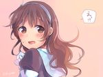  1girl ashigara_(kantai_collection) blush brown_eyes brown_hair commentary_request from_behind fuji_fujino gradient gradient_background hairband kantai_collection long_hair looking_back pink_background solo twitter_username uniform upper_body 