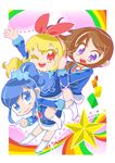  aikatsu! aikatsu!_(series) bkub blonde_hair blue_eyes blue_hair boots brown_hair carrying hair_ribbon highres hoshimiya_ichigo kiriya_aoi long_hair looking_at_viewer multiple_girls one_eye_closed open_mouth piggyback purple_eyes red_eyes ribbon shibuki_ran skirt smile 