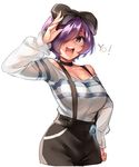  black_eyes bow breasts cleavage english hair_bow hair_over_one_eye hanako_(naso4) large_breasts naso4 open_mouth original purple_hair short_hair shorts simple_background smile solo standing striped suspenders waving white_background youkai 