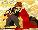  1girl animal_ears bad_id bad_pixiv_id black_hair brown_hair futatsuiwa_mamizou genderswap genderswap_(ftm) glasses hexagon houjuu_nue hug japanese_clothes kikumon kimono looking_at_viewer obi profile red_eyes sandals sash seigaiha shimana_(cs-ts-az) short_hair sitting sketch tail tanuki touhou wings yellow_eyes 